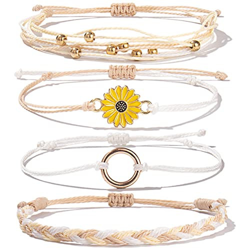 FANCY SHINY Sunflower String Bracelet Boho Braided Rope Wrap Bracelets Cute Summer Beach Surfer Jewelry for Women(Wheat) | Amazon (US)