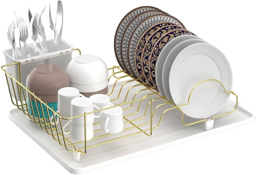 Buruis Dish Drying Rack, Gold Dish Drainer Organizer Includes Removable Drain Board and Utensil H... | Amazon (US)