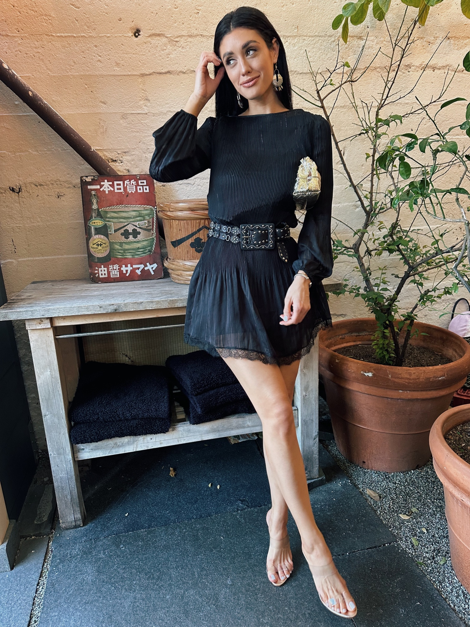 Little black dress outfit with a little southwest styling 

• lbd • black dress • mini dress • spring dress • cocktail dress • party dress • date night outfit • date night dress • wedding guest dress • long sleeve dress • spring dress • summer dress • waist belt • gold shoes • gold heels • clear heels • comfortable heels • gold purse • gold bag • clutch purse • slouchy bag 

#LTKfindsunder50 #LTKfindsunder100 #LTKshoecrush