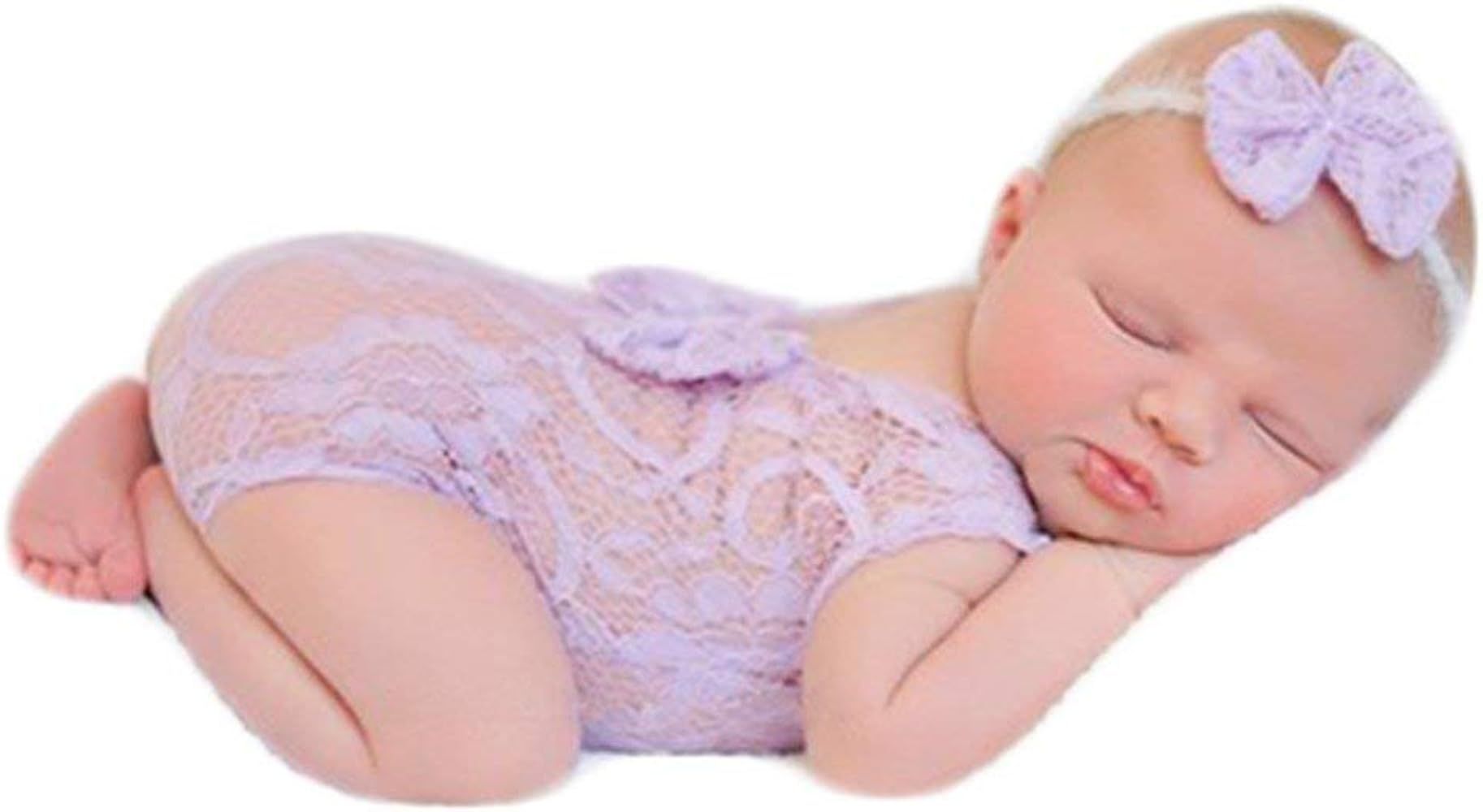 Newborn Girl Photography Outfits Lace Bow Vest Bodysuits and Headband | Amazon (US)