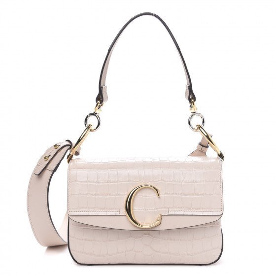 CHLOE Calfskin Crocodile Embossed Small C Double Carry Cement Pink | Fashionphile