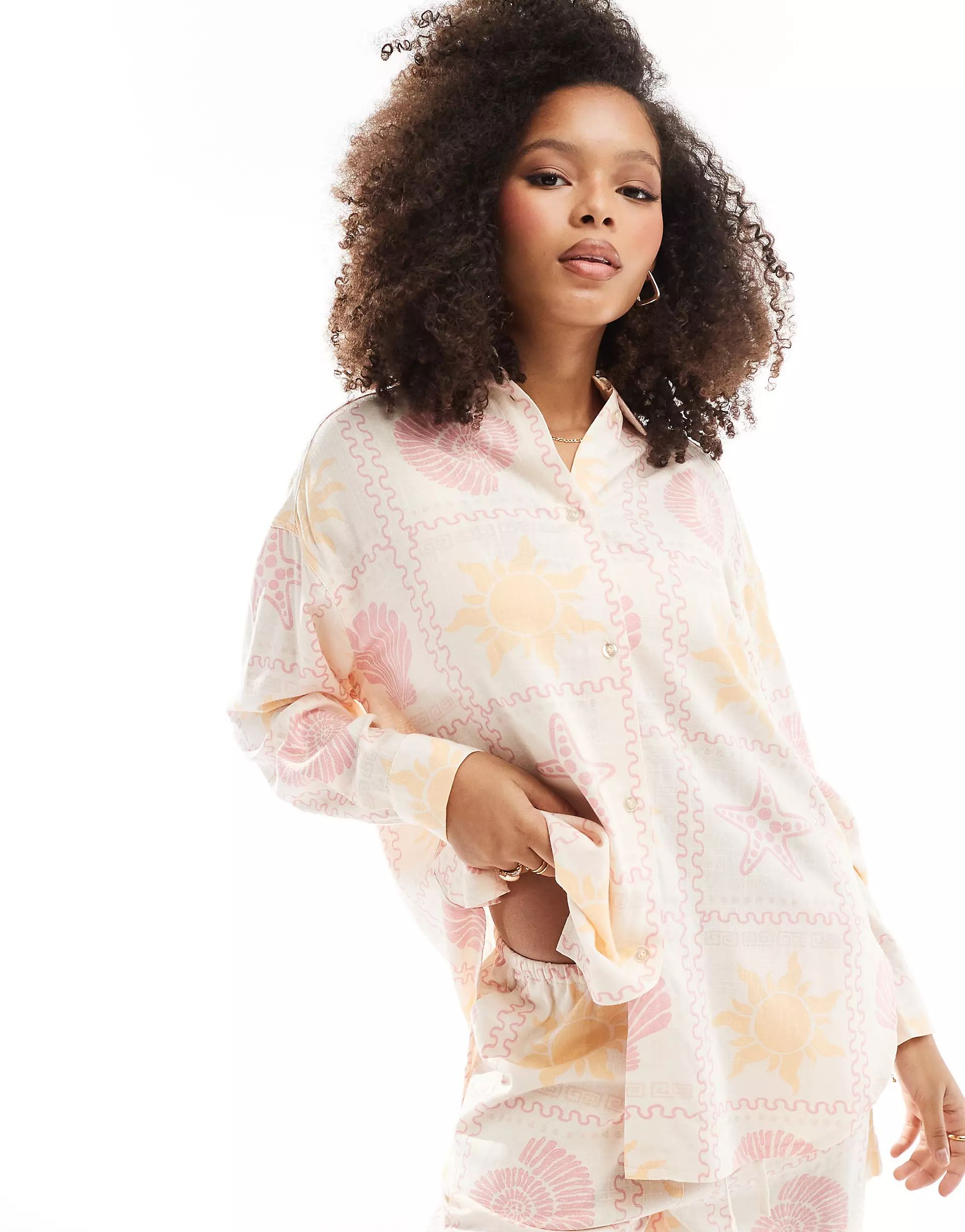 ASOS DESIGN relaxed shirt with linen in in tile print | ASOS (Global)