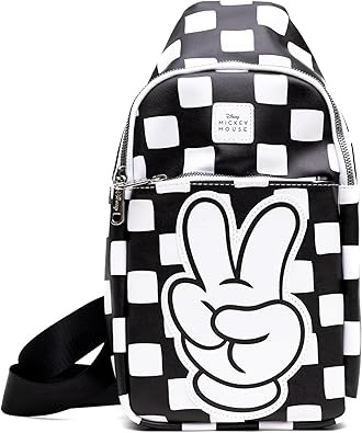 Disney Vegan Leather Crossbody Sling Bag, Mickey Mouse Peace Fingers Applique,Checker Black White... | Amazon (US)