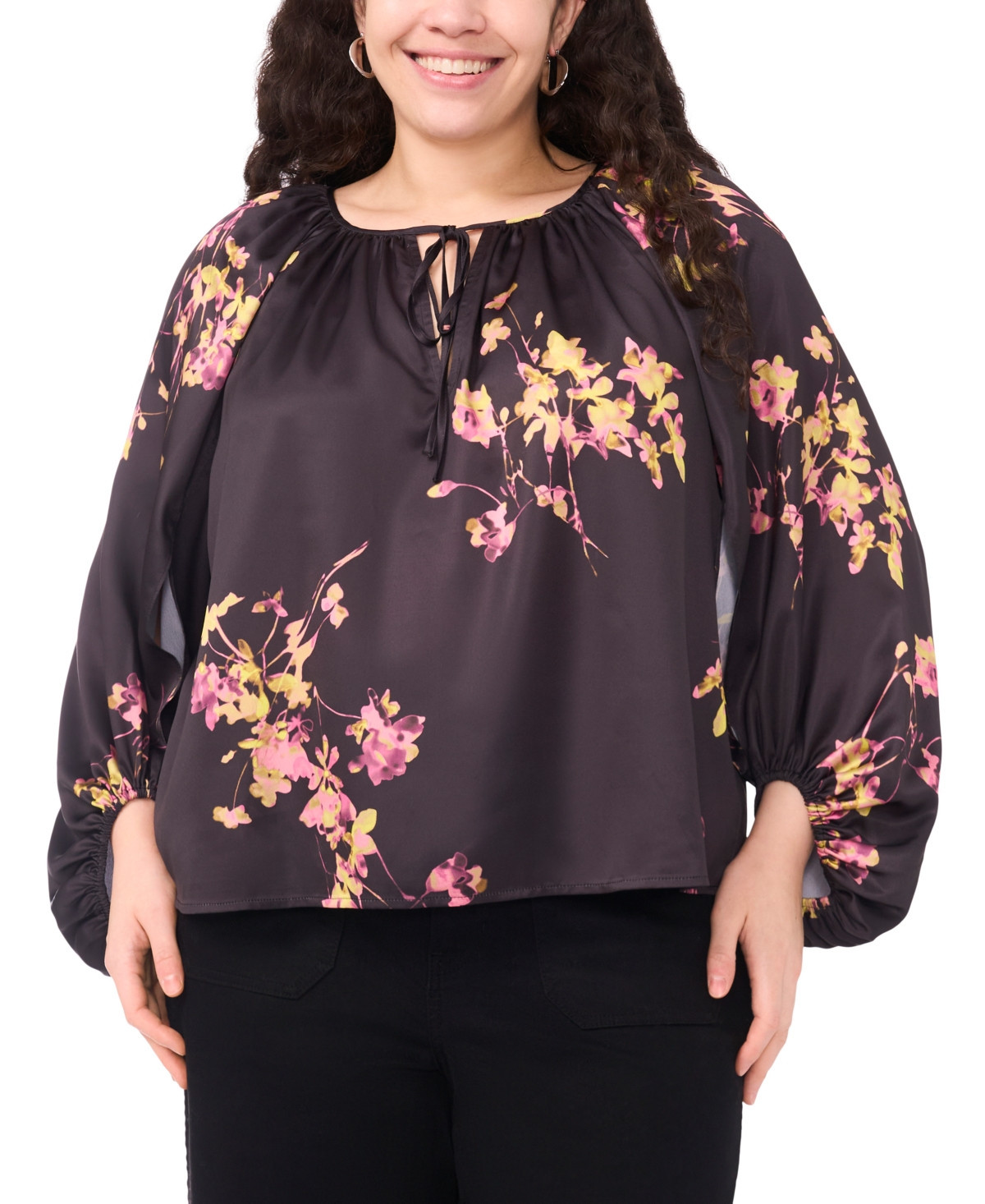 Vince Camuto Plus Size Printed Tie Neck Blouse - Rich Black | Macy's