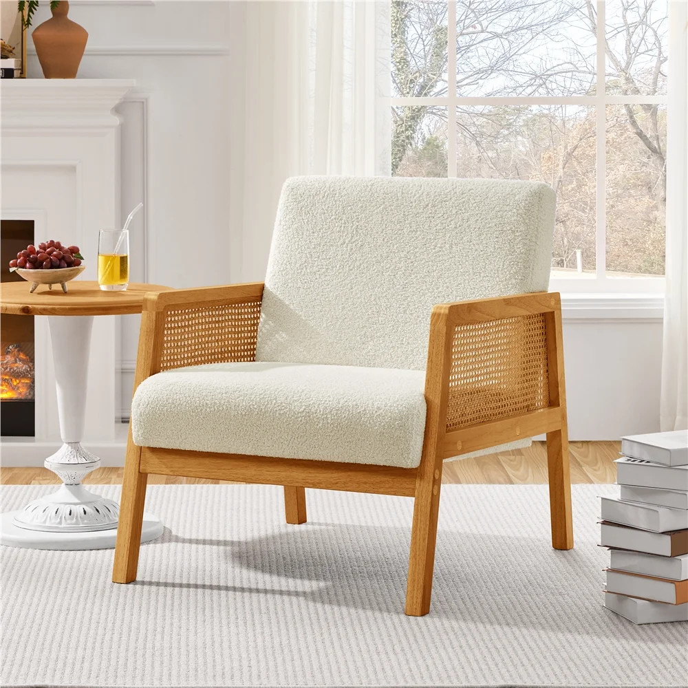 Renwick Fabric Upholstered Accent Chair with Rattan Sides,Ivory | Walmart (US)