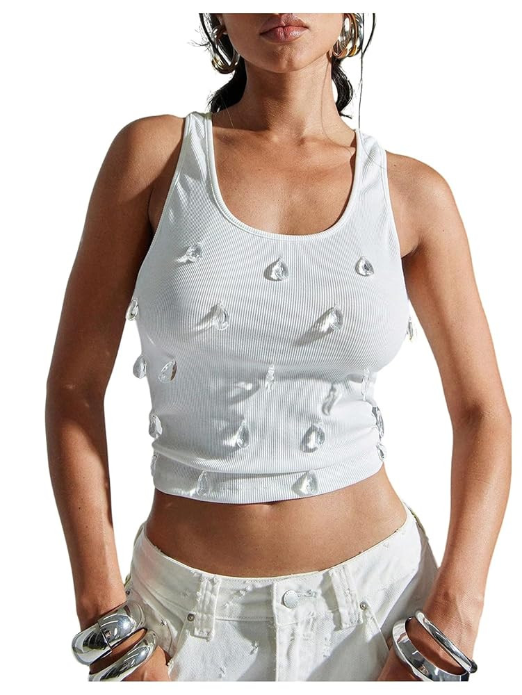 OYOANGLE Women's Ribbed Tank Top Raindrop Decor Scoop Neck Racerback Sleeveless Fitted Crop Tops | Amazon (US)