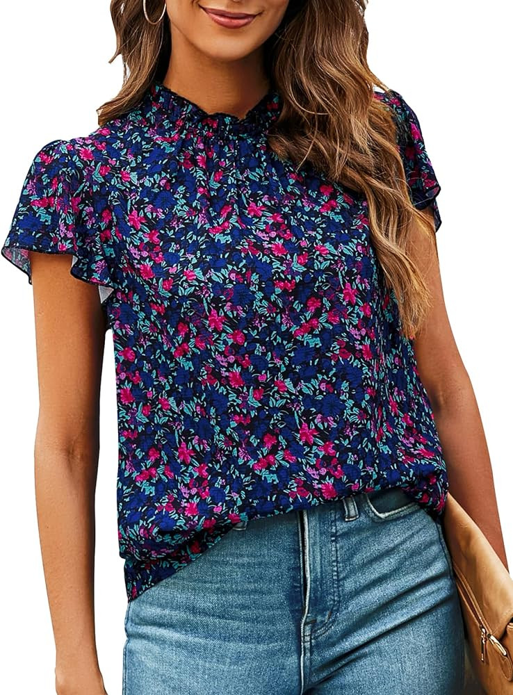 SimpleFun Women Boho Shirts Floral Ruffle Short Sleeve Mock Neck Flowy Casual Summer Blouses Tops | Amazon (US)