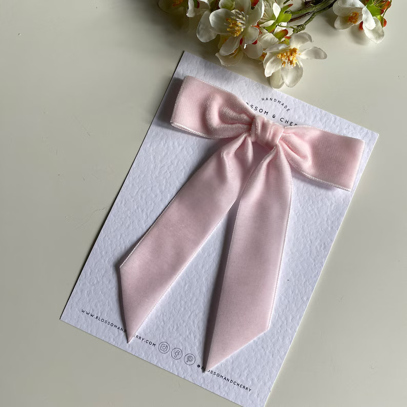 Pink Hair Bow, Powder Pink Long Tail Hair Bow, Velvet Hair Tie, Velvet Long Tail Bow, Hair Bow Ba... | Etsy (US)