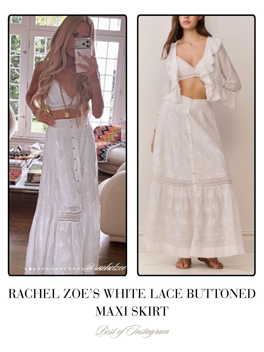 Rachel Zoe’s White Lace Buttoned Maxi Skirt 📸 = @rachelzoe