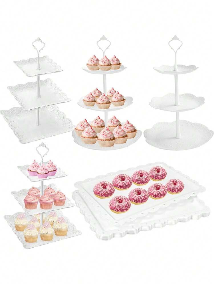 3pcs White Plastic Cake Stand Set, 3-Tier Cupcake Display Rack, Cookie Tray, Dessert Table Decor For Baby Shower, Afternoon Tea, Wedding, Birthday Party, Gender Reveal, Baby Shower Decorations | SHEIN