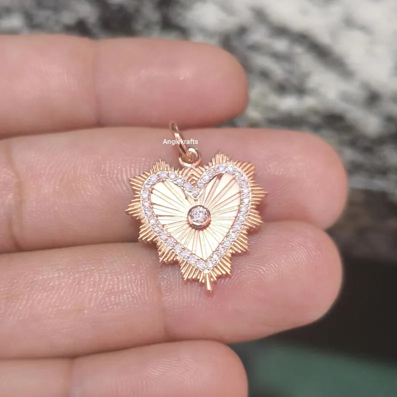 14k Solid Gold Beautiful Diamond Fluted Heart Pendant, Fluted Heart Diamond Charm Pendant, Diamon... | Etsy (US)