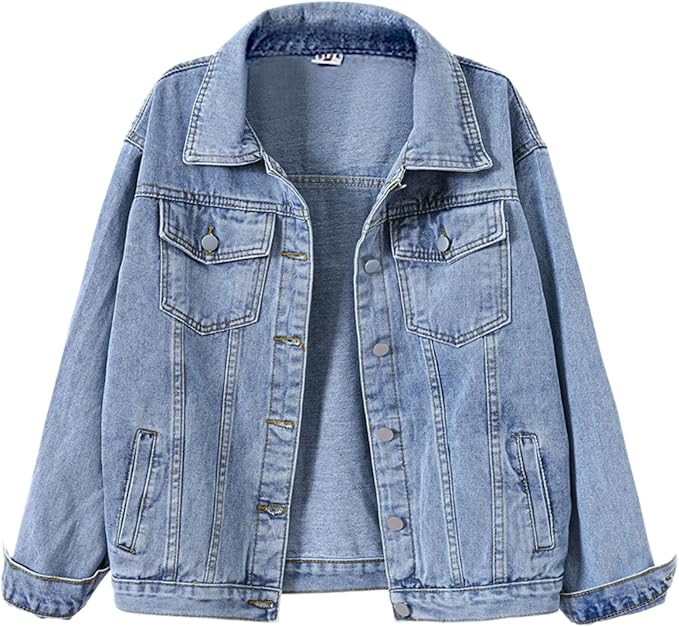 loveimgs Women's Classic Collared Button Down Distressed Oversize Boyfriend Unlined Denim Trucker... | Amazon (US)