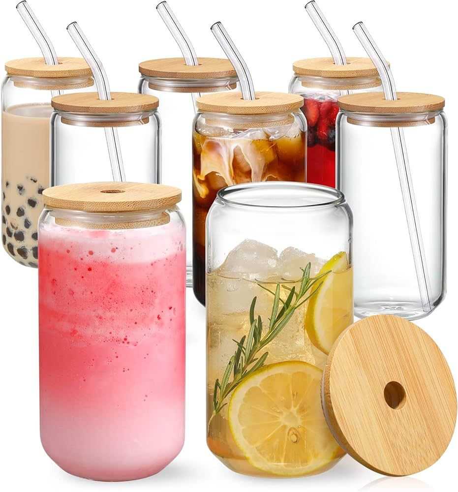 [ 8pcs Set ] Drinking Glasses with Bamboo Lids and Glass Straw - 16oz Can Shaped Glass Cups, Beer... | Amazon (US)