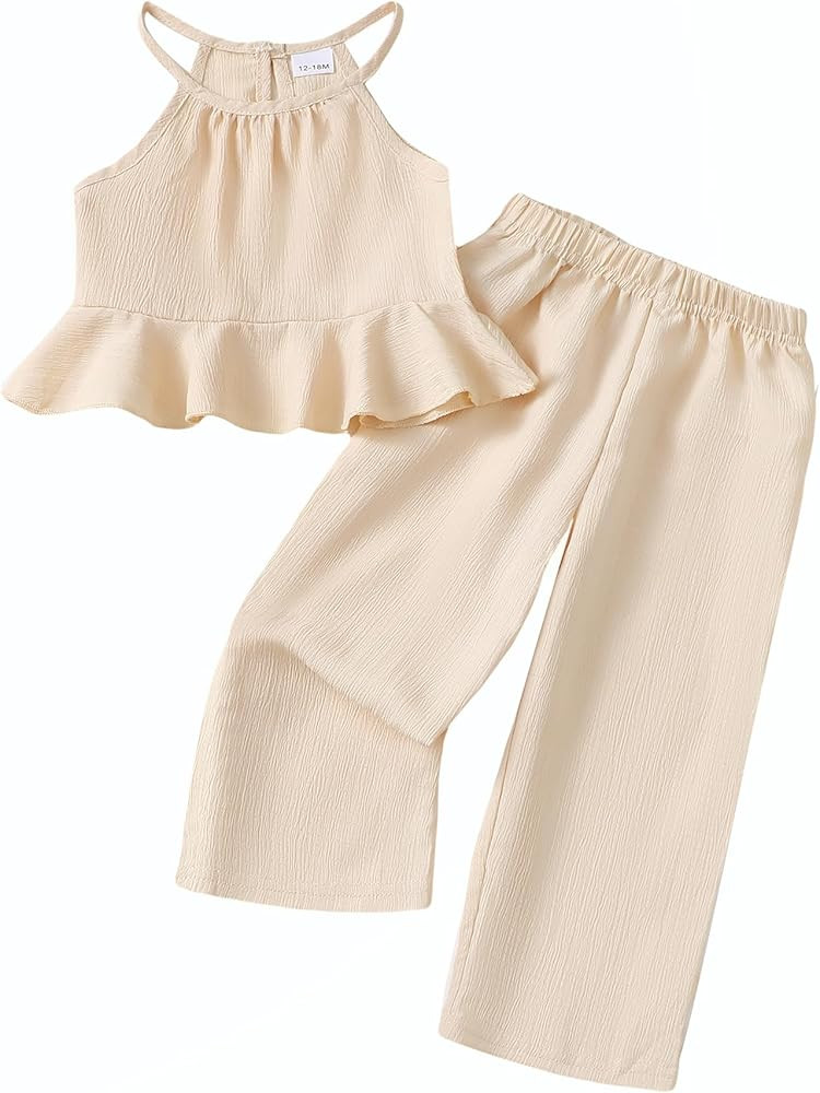 Kucnuzki Baby Girl Clothes Toddler Girl Summer Outfits Sleeveless Ruffle Halter Tops Wide Leg Pan... | Amazon (US)