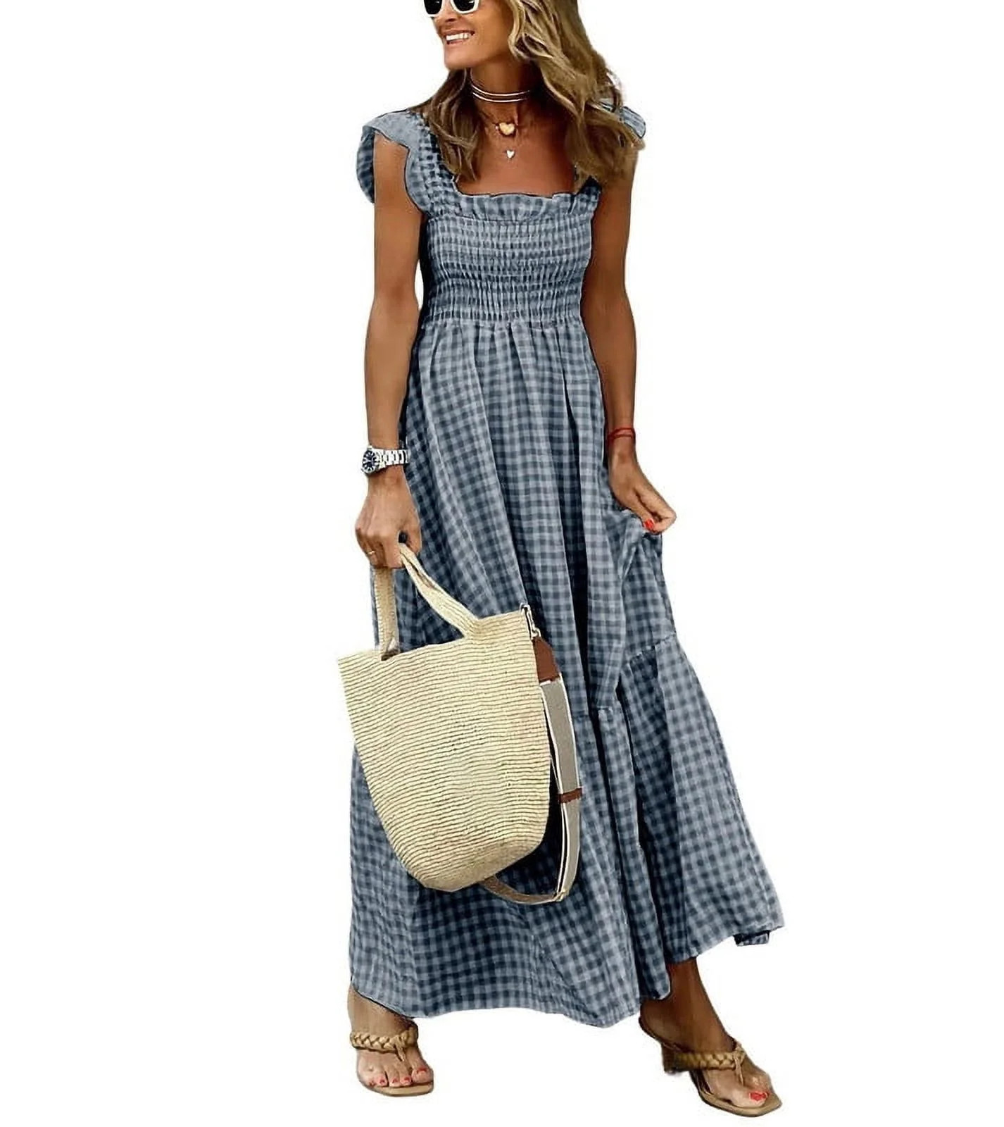 Chouyatou Women's Retro Plaid Smocked Dress Spaghetti Strap Flounce Long Dress(Black,S) | Walmart (US)