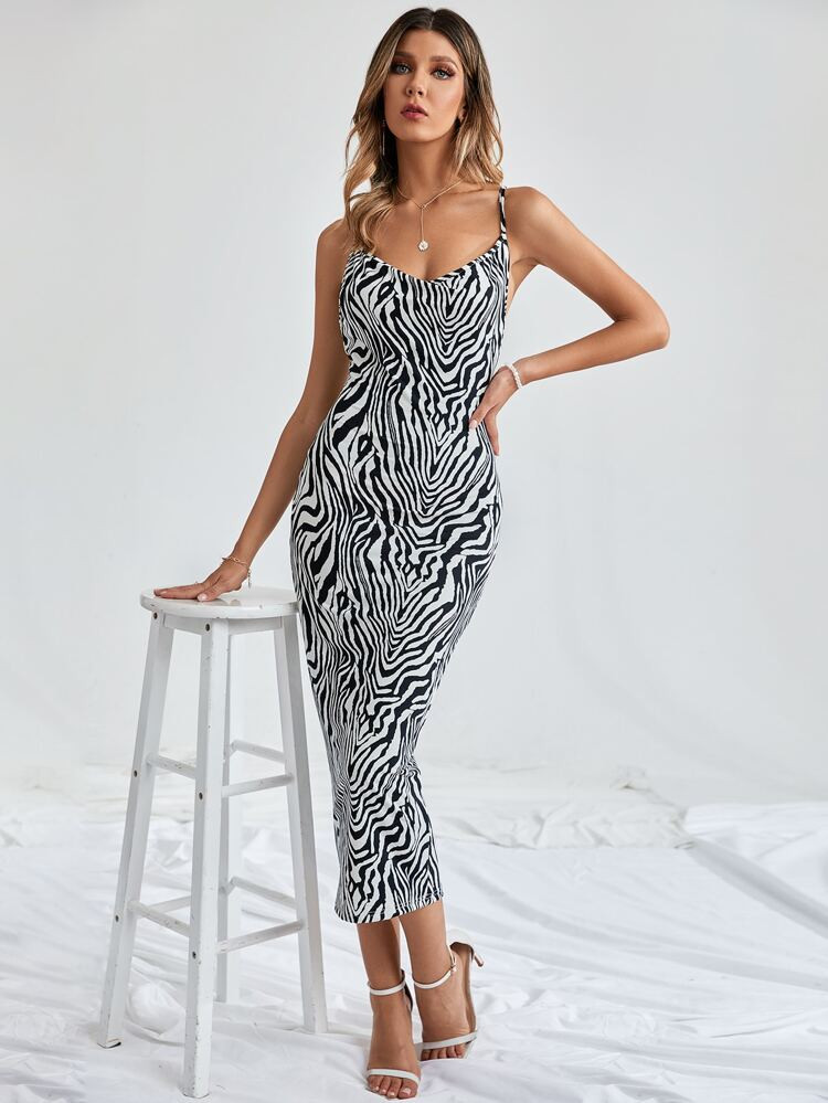 Zebra Striped Crisscross Tie Backless Dress | SHEIN