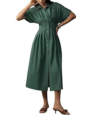 Yeokou Shirt Dress for Women Summer Casual Short Sleeve Button Down Loose Pleated Maxi Sundress w... | Amazon (US)