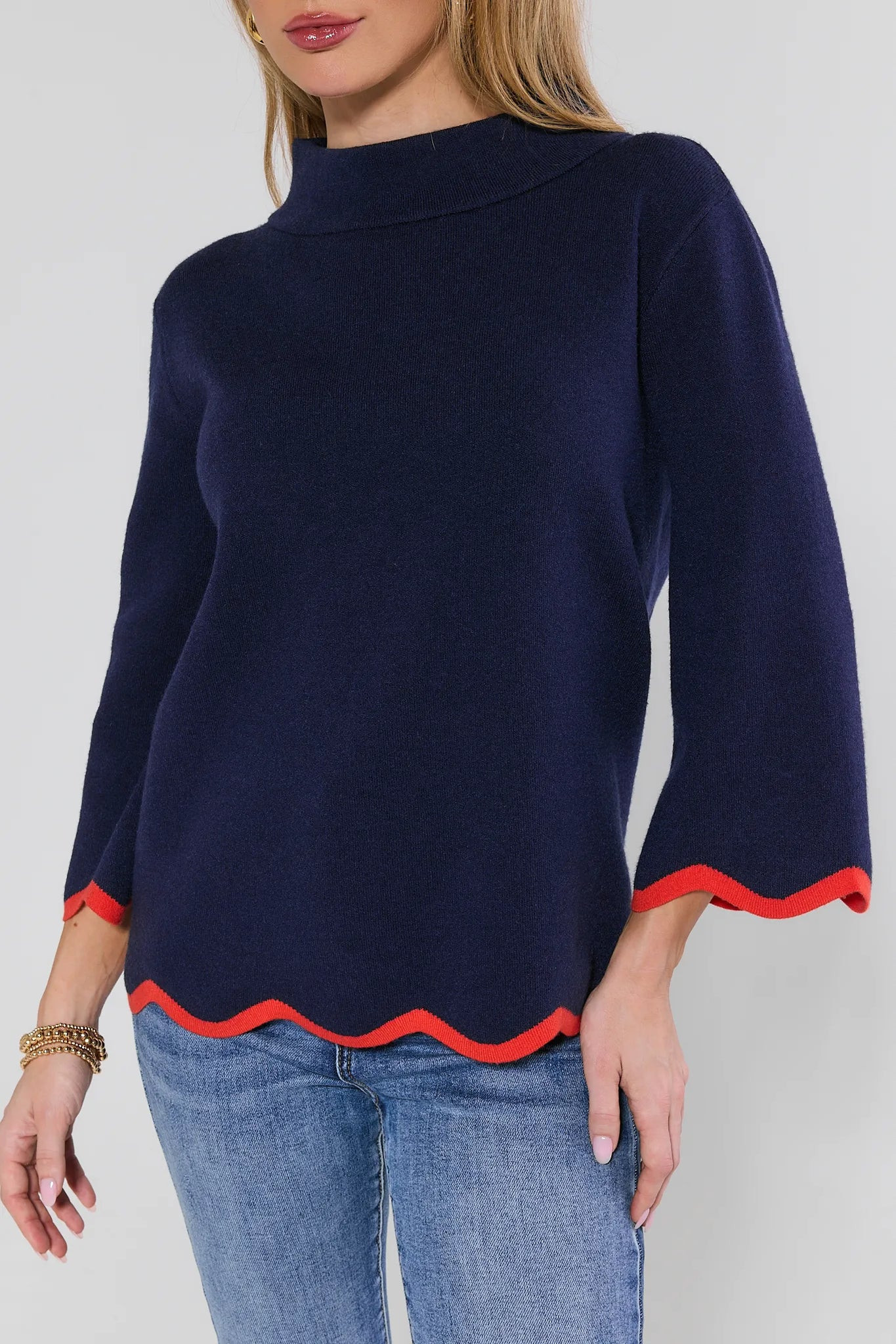 Jackie Navy Scalloped Knit Sweater | Avara