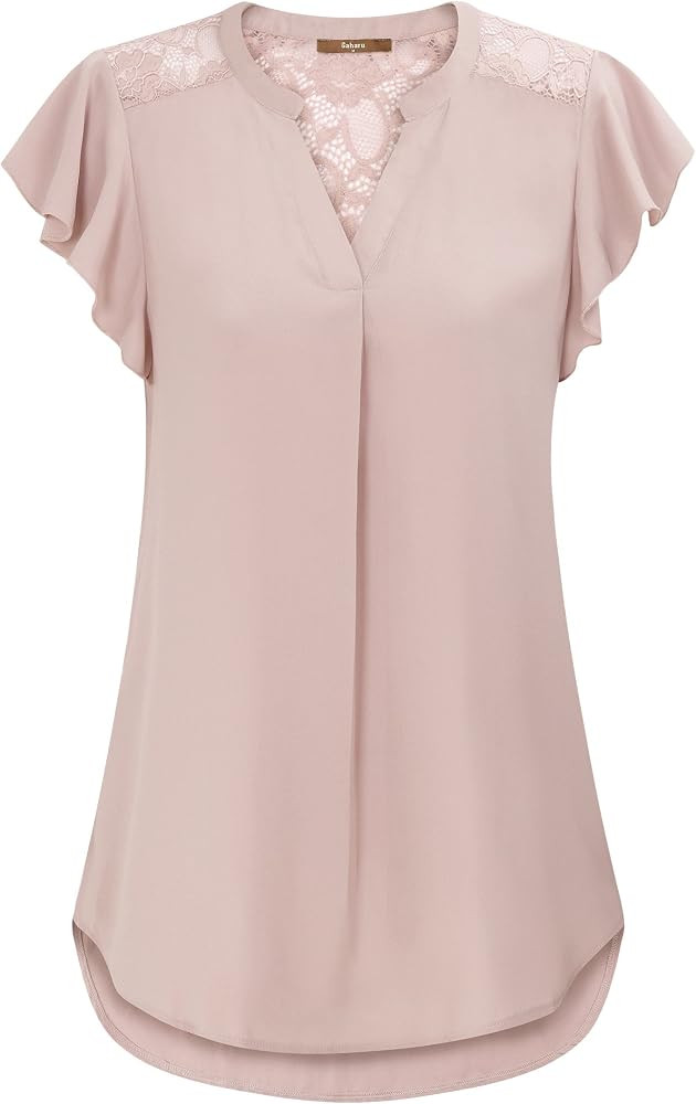 Gaharu Women's Notch V Neck Short Sleeve Chiffon Shirts Casual Lace Blouse Top | Amazon (US)