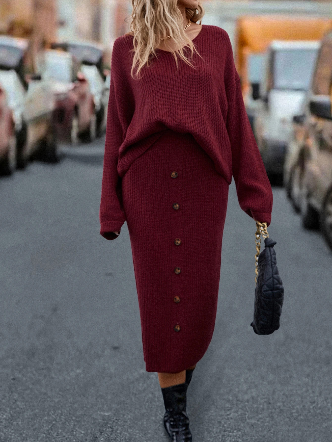 Drop Shoulder Sweater & Button Detail Knit Skirt | SHEIN