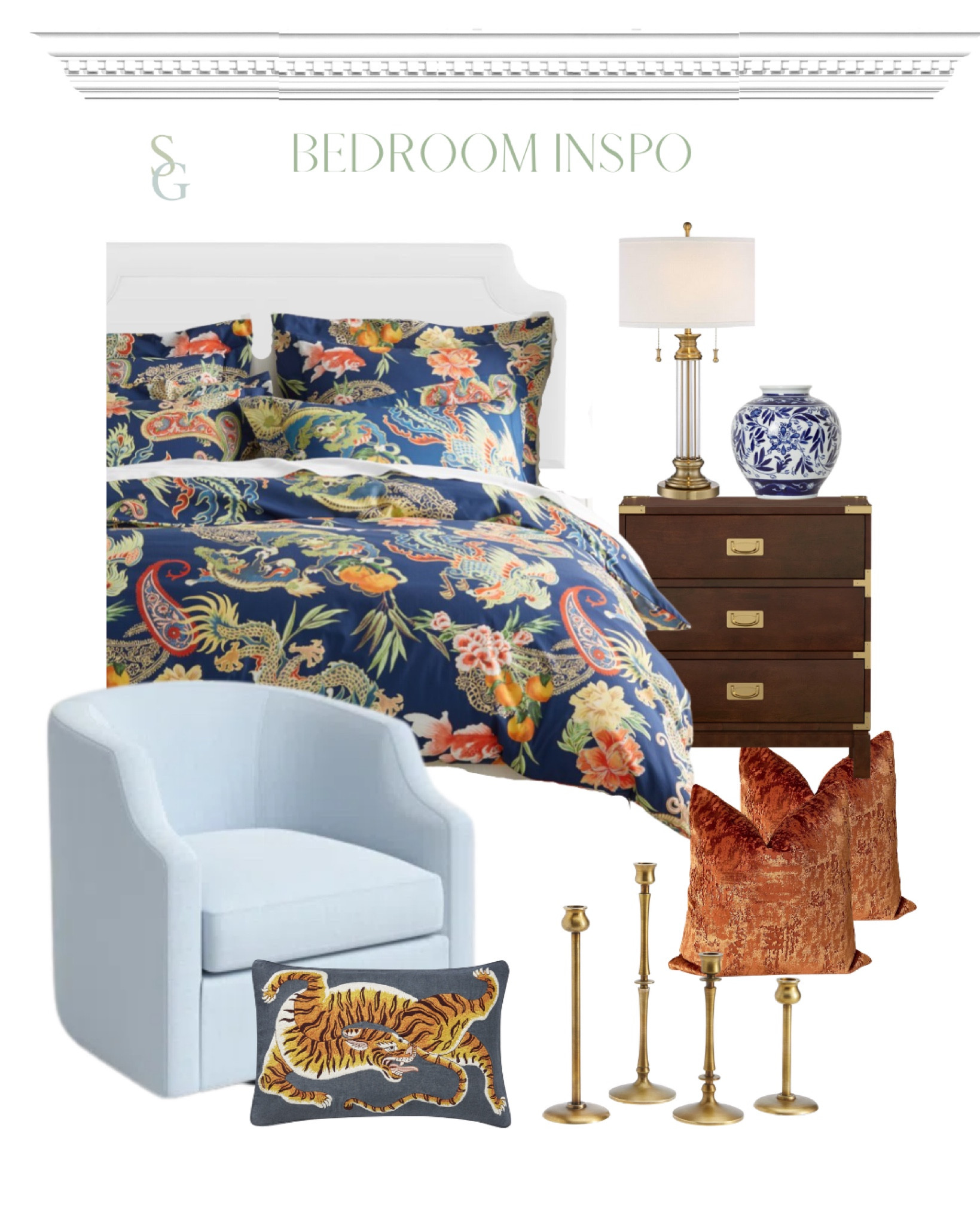 Inspired by my own room! 
Made most of this last year when trying to decide on pillow options for the bedding/if I could pull it off haha. I love the look of white bedding but I didn’t want to worry about stains forever 
I saw this Williams Sonoma New Moon Duvet and fell in love! I also love the orange pillows with it but debating if I should do blue (make the bedding a bit more calm).

Pattered Bedding, Colorful Bedding, Chinoiserie Bedroom, Campaign Dresser , campaign nightstand

#LTKFind #LTKstyletip #LTKhome