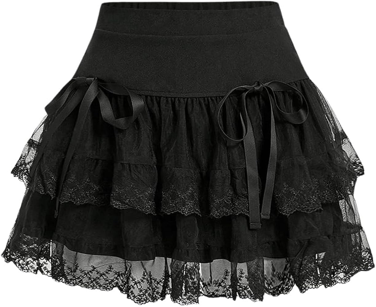 Floerns Women's High Waist Embroidery Mesh Layered Hem Bowknot Y2k Mini Skirt | Amazon (US)