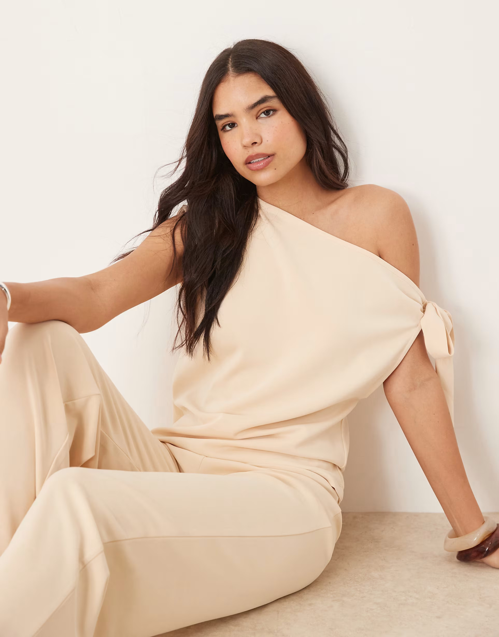 ASOS DESIGN cupro one shoulder tie detail top co-ord in buttermilk | ASOS (Global)