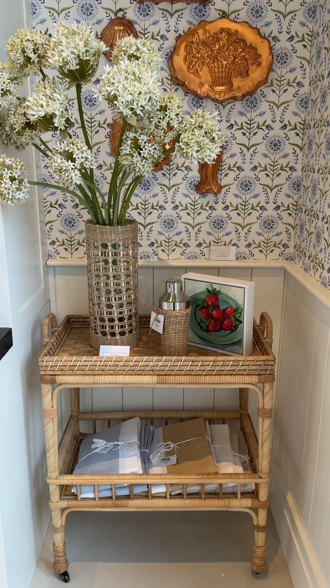 Sale Alert! 😍 Such a cute little bar cart moment! 🥂✨ I’m loving the South Seas Rattan Side Cart from Serena & Lily styled with charming vintage-inspired accents and the beautiful Sunflower Wallpaper in Coastal Blue. 🩵 The woven texture and timeless details give this space so much character! 🫶🏻 I’ve linked the bar cart and similar wicker favorites in my LTK! ☺️ #serenalily #barcart #wickerdecor

#LTKHome #LTKSaleAlert