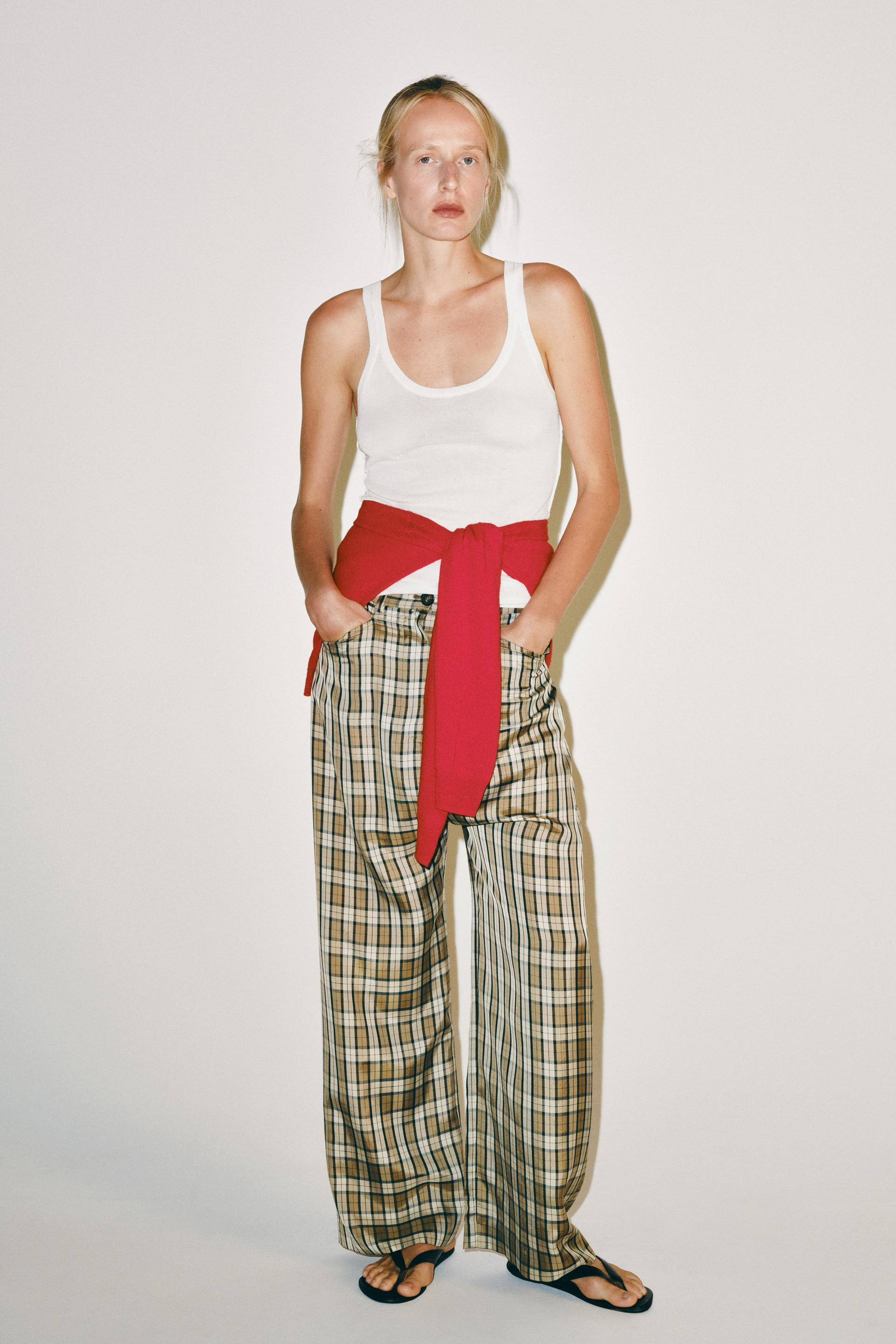 Zara - Zw Collection Plaid Pants - Beige / Taupe Brown - M - Woman | Zara US