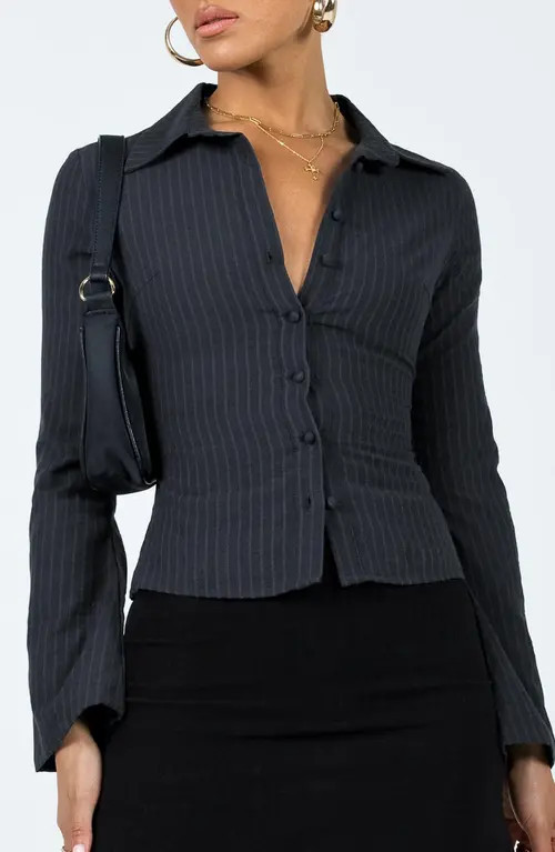 Princess Polly Anni Pinstripe Button-Up Shirt in Black at Nordstrom, Size 4 | Nordstrom