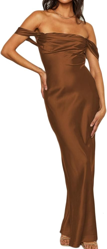 Realtix Elegant Satin Off The Shoulder Ruched Backless Maxi Dress for Women Strapless Tube Sleeve... | Amazon (US)
