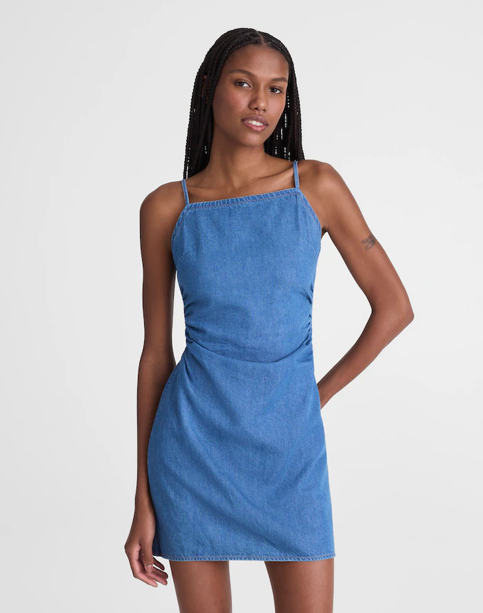 Denim Ruched Squareneck Mini Dress | Madewell