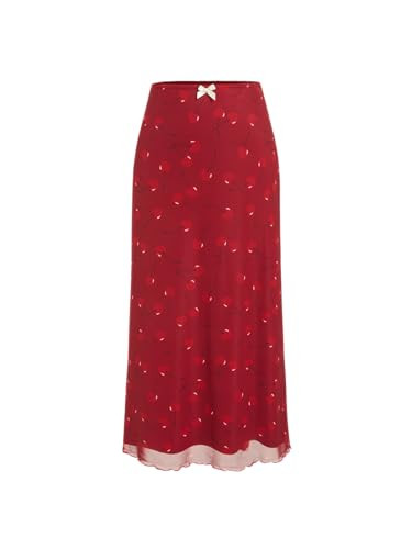 CIDER Womens Mesh Skirts Midi High Waisted Cherry Print Lace Trim Bow Knot Decor Long Skirts Red,... | Amazon (US)