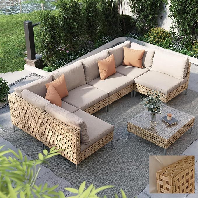 Grand patio 7-Piece Wicker Patio Furniture Set, Boho Outdoor Conversation Set Sectional Sofa with... | Amazon (US)