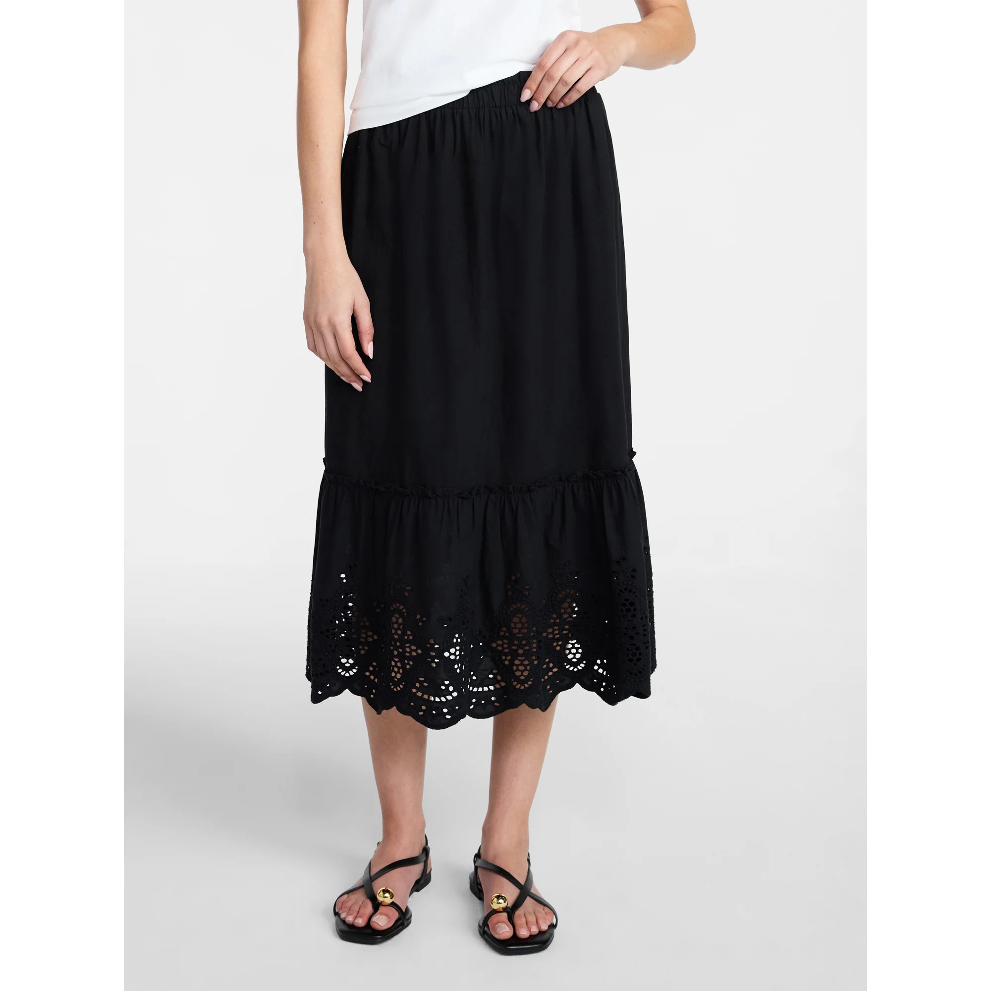 Time and Tru Women's Cotton Eyelet Hem Midi Skirt, Sizes XS-XXXL | Walmart (US)