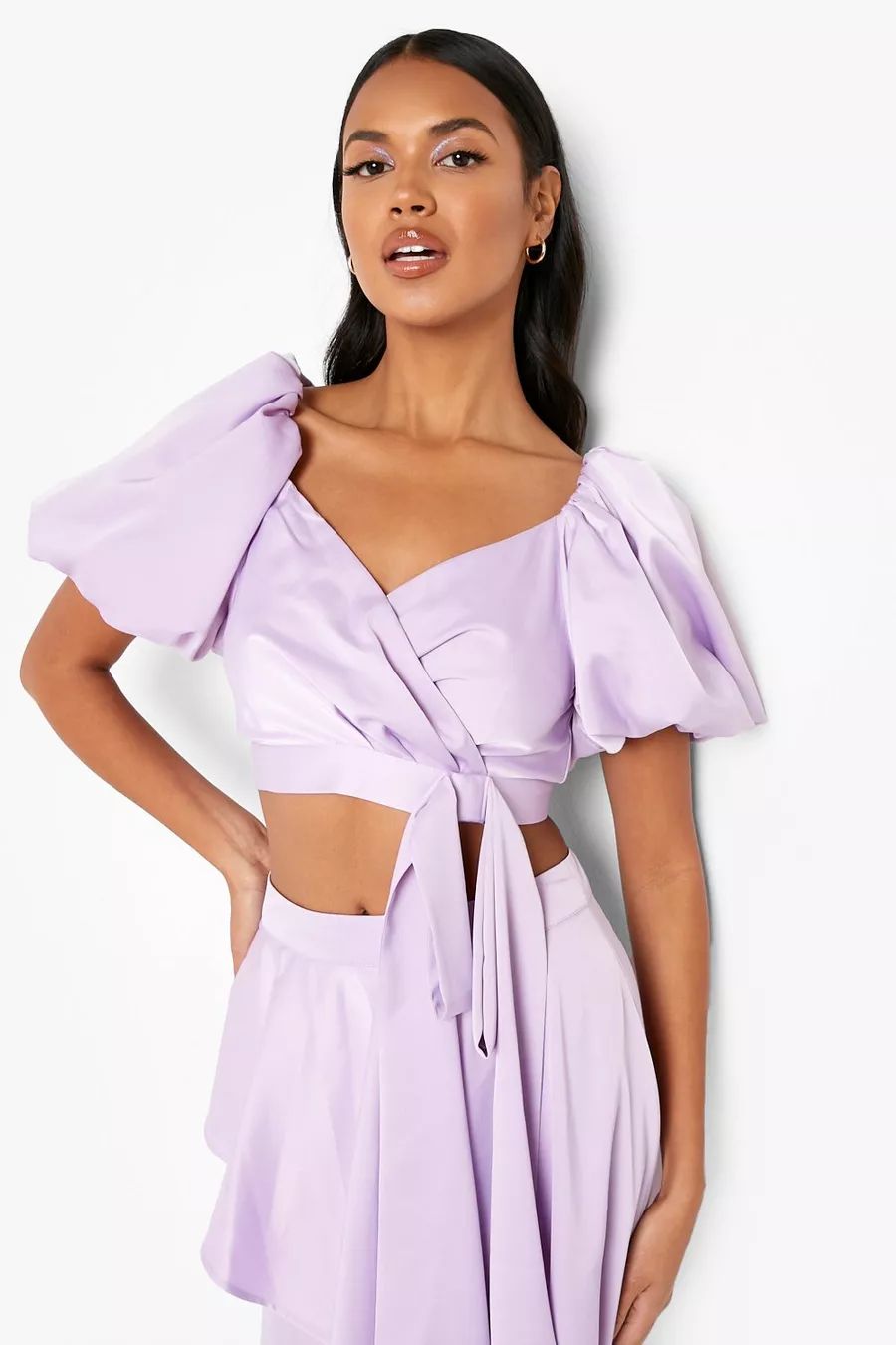 Occasion Matte Satin Puff Sleeve Tie Crop | Boohoo.com (US & CA)