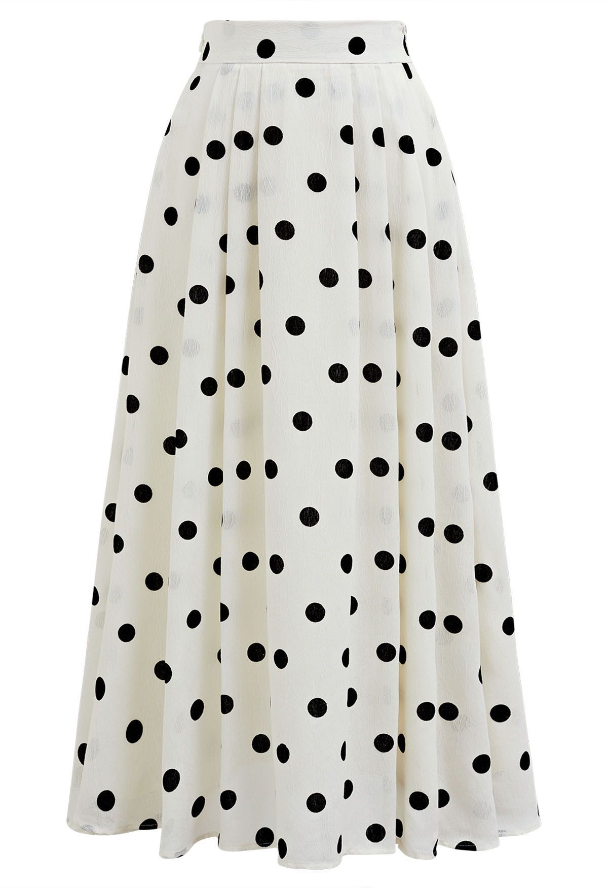 Texture Polka Dot Printed Pleated Maxi Skirt in Cream | Chicwish