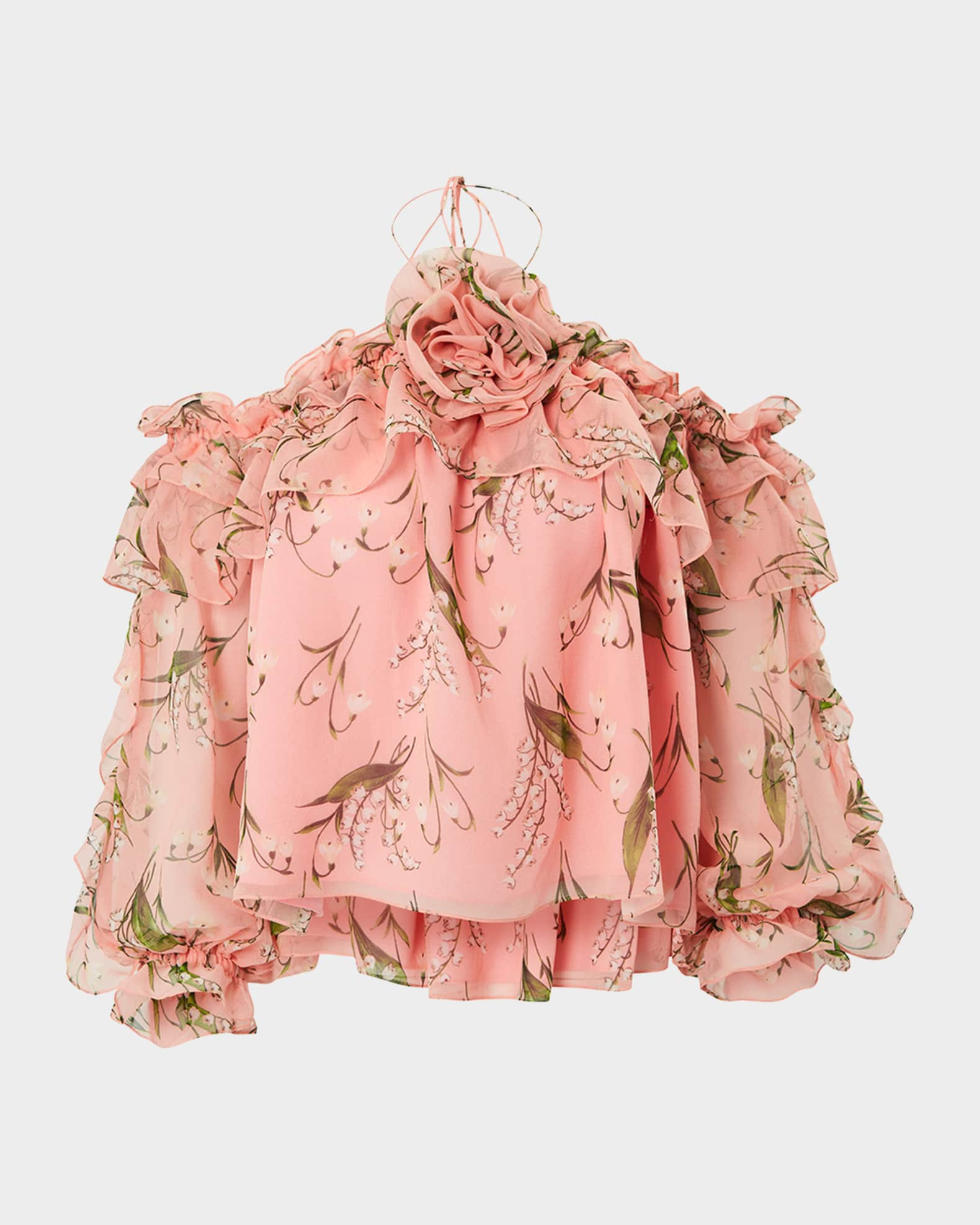 Carolina Herrera Rose Halter Ruffle Long-Sleeve Silk Top | Neiman Marcus