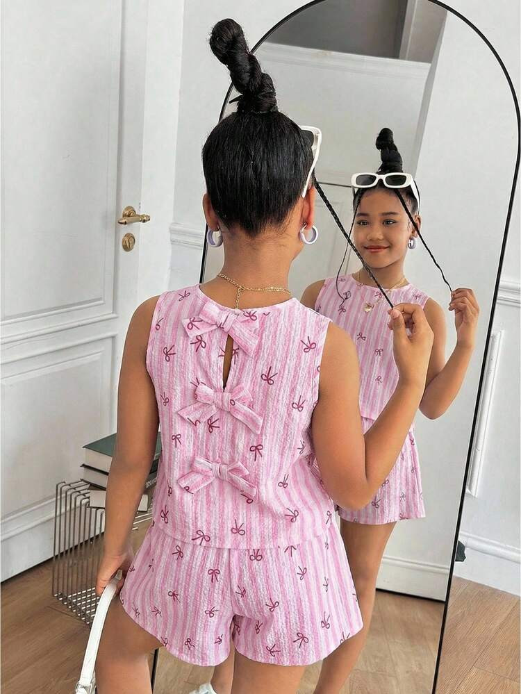 Tween Girl Spring/Summer New Cute Sleeveless Pink Striped Bow Casual Top And Shorts 2-Piece Set, Suitable For Beach Vacation, Girls Summer 2-Piece Outfit, Pink Shorts Set Mom And Daughter Matching Dress Summer Mother And Daughter Matching Pink Outfits Mama And Me Matching Dress Mommy N Me Dress Girls Ditsy Floral Lace Trim Sweet Cute Matching Parent Child Dress For Young Girls Mother And Daughter Matching | SHEIN