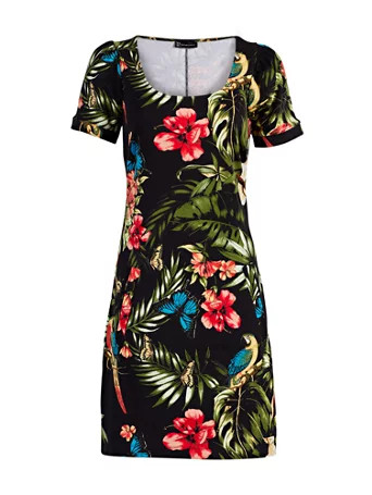 tropical-print puff-sleeve cotton shift dress | New York & Company