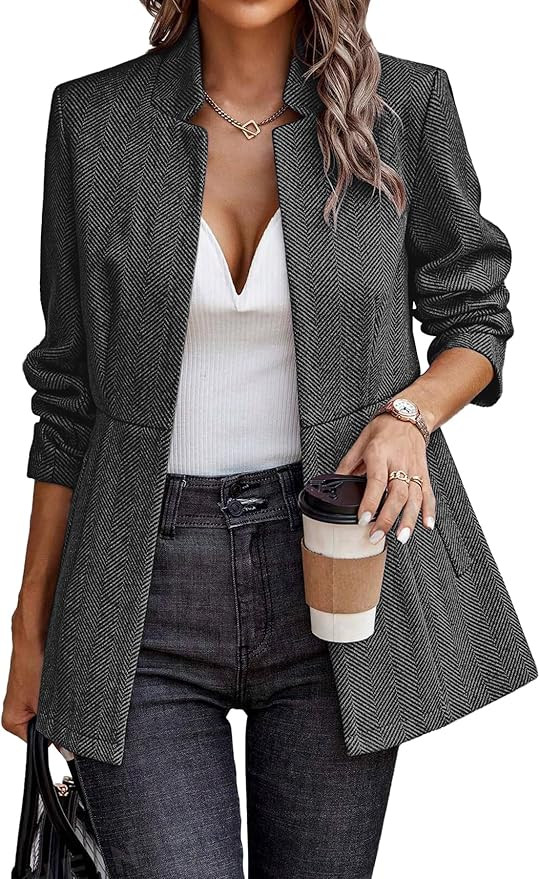 ELLEVEN Women’s Open Front Herringbone Blazer-Business Casual Long Sleeve Work Jacket with Full... | Amazon (US)