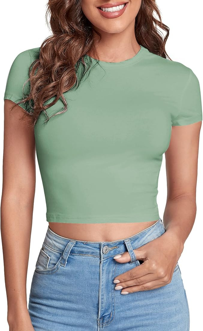 Verdusa Women's Casual Basic Cap Sleeve Slim Fitted Round Neck Crop Tee Top | Amazon (US)