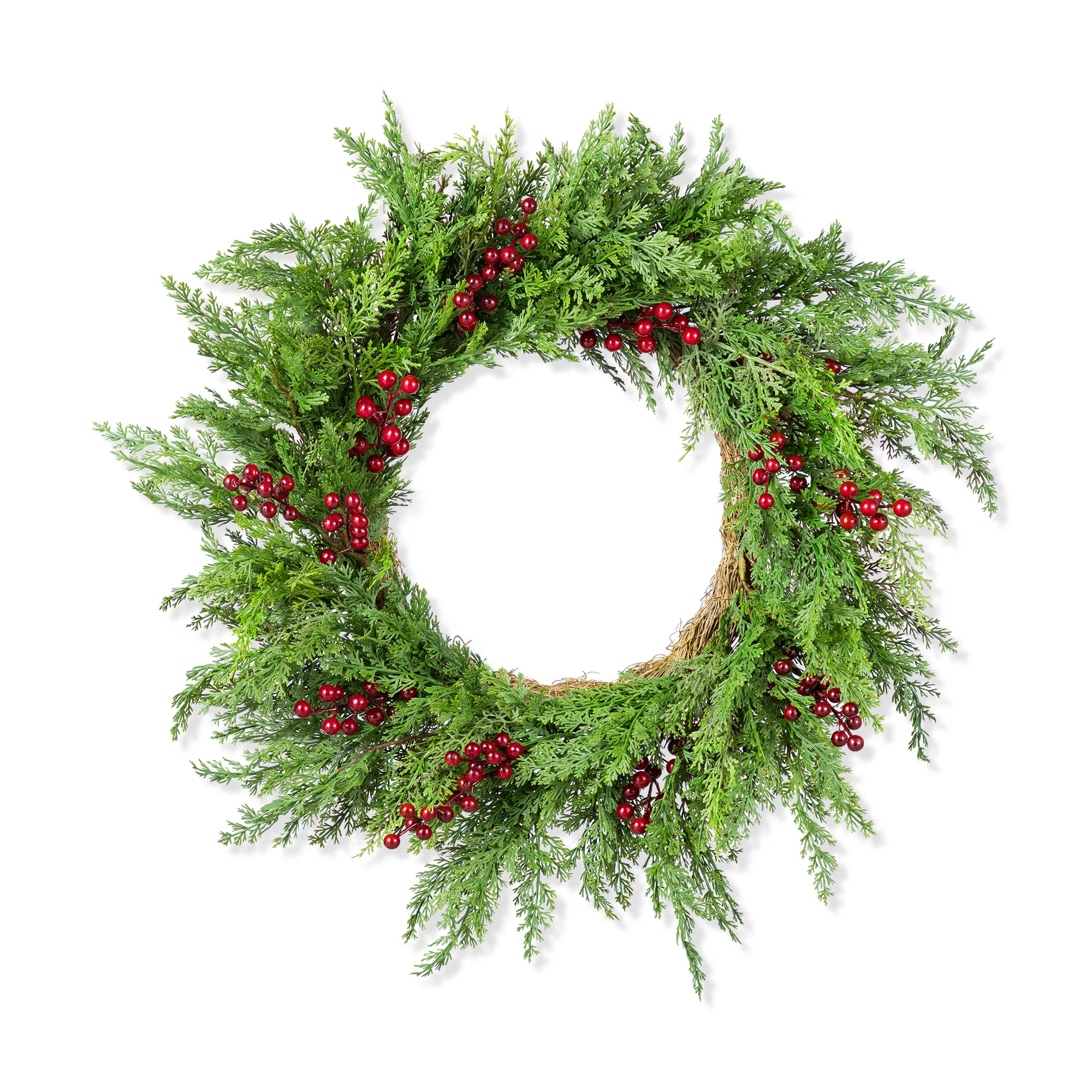 24"D Christmas Greenery PE Dripping Cedar Wreath With Red Berries | Wayfair North America
