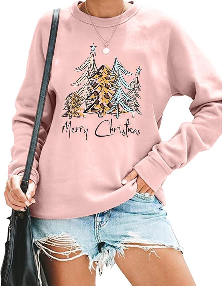 KIDDAD Merry Christmas Sweatshirt for Women Christmas Leopard Tree Graphic Long Sleeve Lightweigh... | Amazon (US)