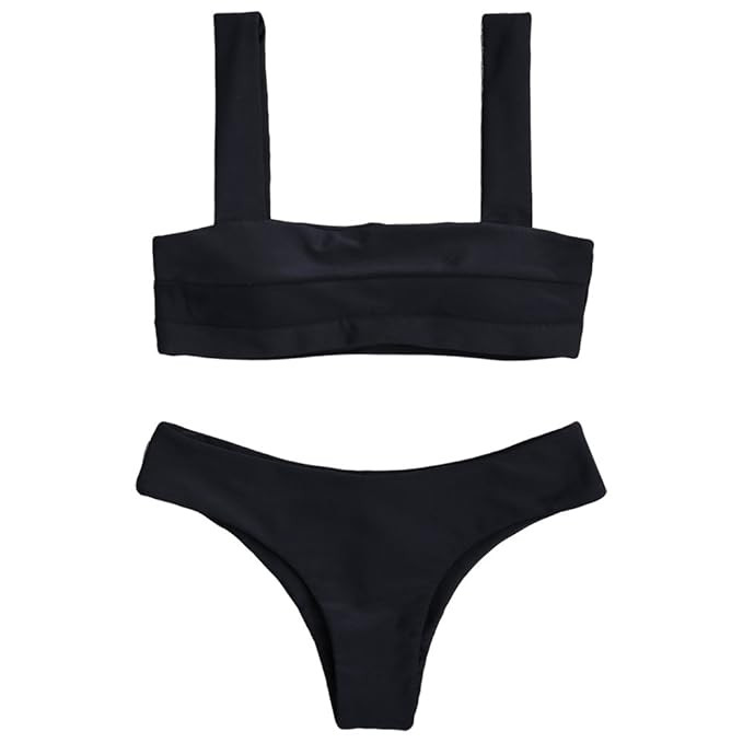 ZAFUL Women's Wide Straps Padded Solid Two Piece Bandeau Bikini Set Swimsuit | Amazon (US)