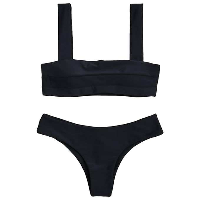 ZAFUL Women's Wide Straps Padded Solid Two Piece Bandeau Bikini Set Swimsuit | Amazon (US)