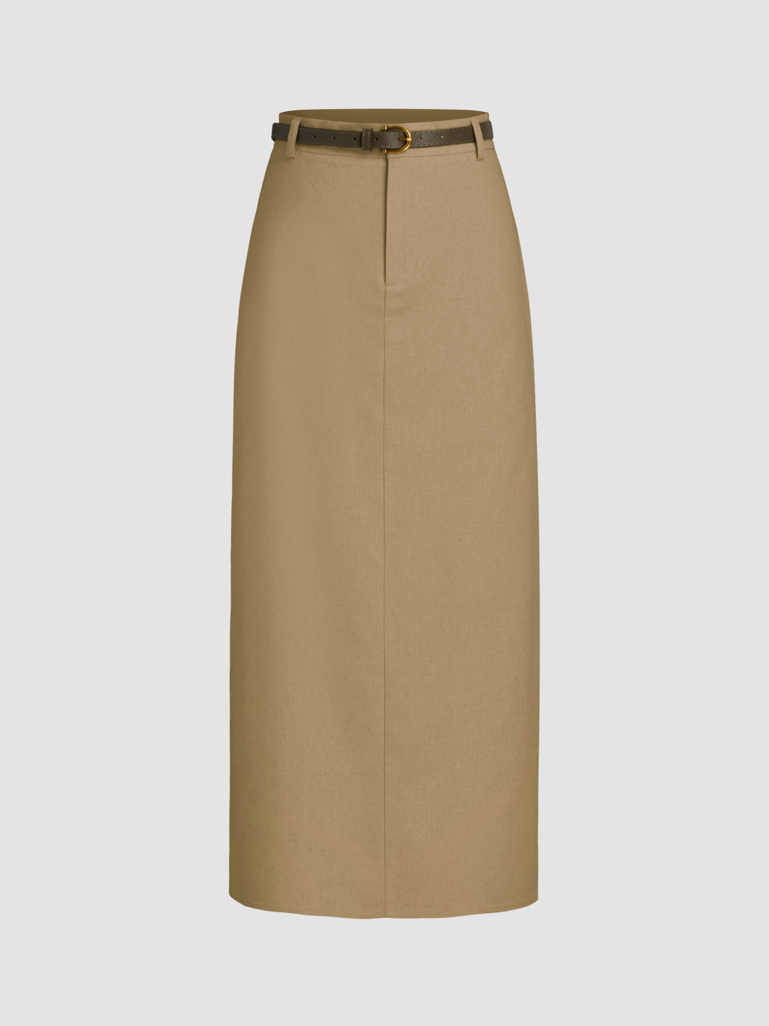 Linen-blend Linen-blend Mid Rise Solid Midi Skirt With Belt For Daily Casual Work | Cider