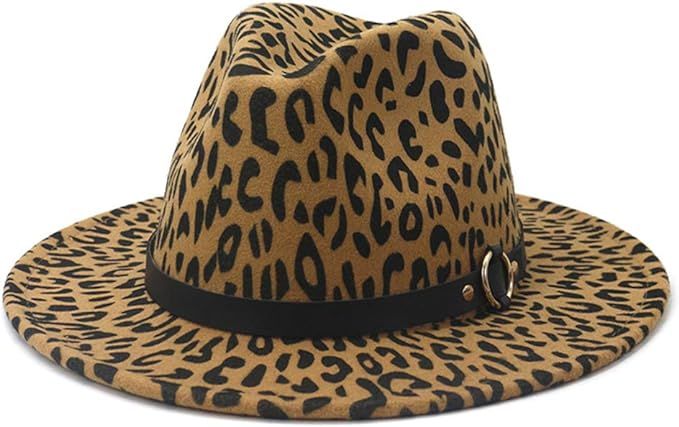 HUDANHUWEI Women's Wide Brim Felt Fedora Panama Hat with Leopard Belt Buckle | Amazon (US)