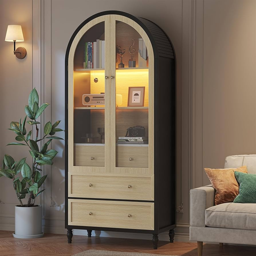 Semoic 73" Tall Arched Storage Cabinet - Modern Farmhouse Bookcase with 3 Large Drawers, Display ... | Amazon (US)