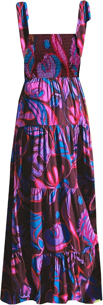 kinstell Women's Summer Boho Spaghetti Strap Square Neck Ruffle Casual Flowy Long Dress Beach Swi... | Amazon (US)